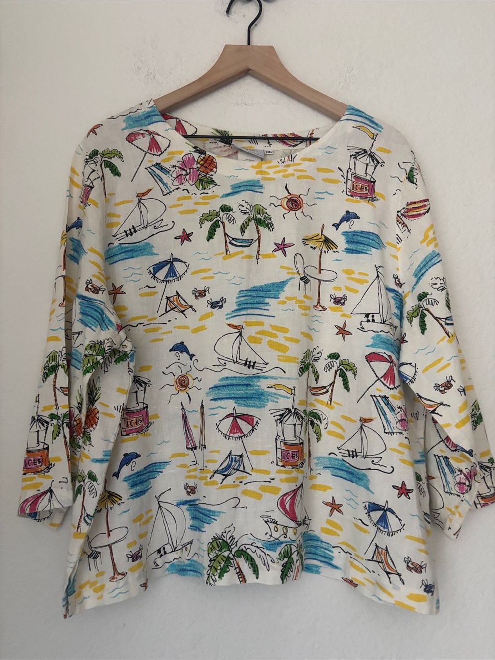 VIntage 90s HOT COTTON linen Beach Print pullover top size XL